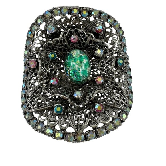 Musi Rhinestone Shoe Clips Filigree Aurora Borealis Faux Opal Cabochon Vtg 1960s - Picture 2 of 10